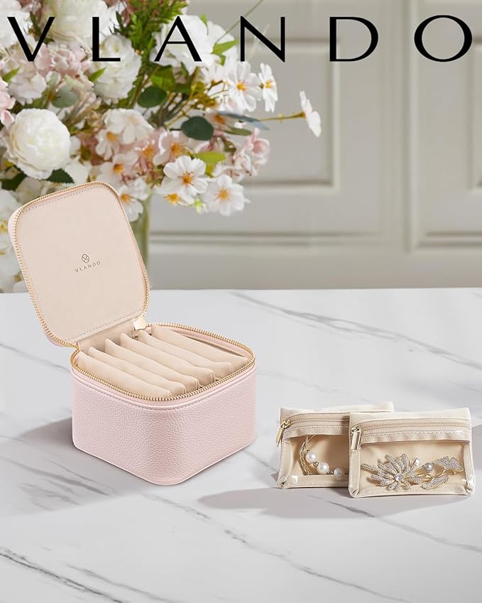 Vlando Gifts for Teachers,Jewelry Box with 6 Velvet Jewelry Bags Travel Jewelry Storage for Women Girl Jewelry Organizer Necklace Rings Earrings Bags Gifts for Women(Pink)