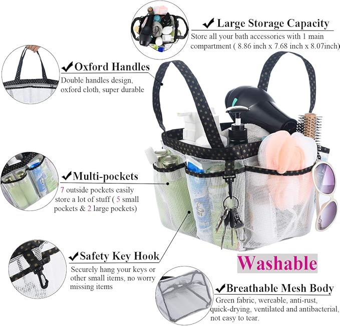 Haundry Mesh Shower Caddy Bag, Large College Dorm Bathroom Organizer with 8 Pockets, Hanging Portable Tote Bag for College Dorm Room Essentials, Beach, Swimming, Gym, Camping