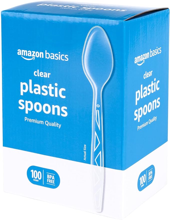 Amazon Basics Disposable Clear Plastic Spoons, Premium Quality, BPA Free, Strong, 100 Count