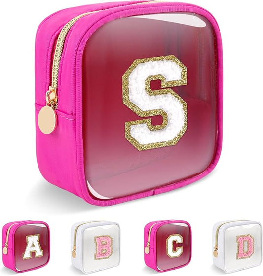 Personalized Initial Letter Clear Preppy Makeup Bag,Mini Nylon Chenille Letter Cosmetic Bag Cute Zipper Pouch Coin Purse for Teen Girls,Portable TSA Approved Travel Essentials Bag Gift for Women,S