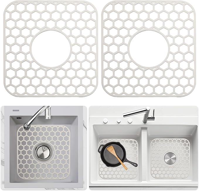 2 Pack Silicone Sink Protectors for Kitchen Sink - 12" x 11" Kitchen Grid Accessory, Non-Slip Heat-Resistant Mat for Bottom of Porcelain Stainless Steel, Dishwasher Safe (White)