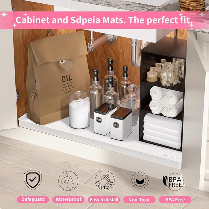 Sdpeia Under Sink Mat 34"×22" Waterproof Silicone Cabinet Liner & Sink Protector for Kitchen & Bathroom, Multi-Purpose Organizers Tray for Pets, Laundry, Cat Litter Mat, White