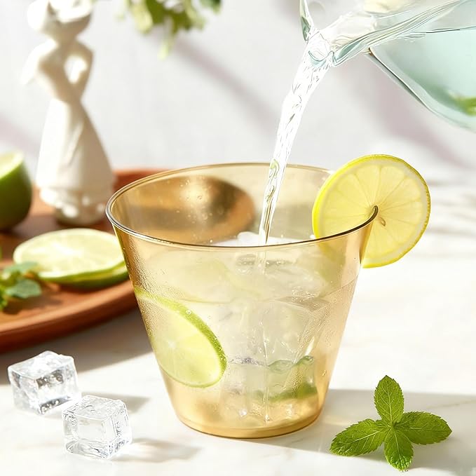 9 oz Clear Plastic Cups Glod Plastic Disposable Cups for Cocktail 50 Pack Fancy Cocktail Cup for Party Stemless Wine Glasses for Party Wedding Graduation Birthday