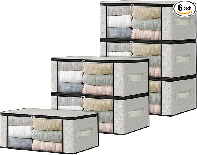 HomeHacks Storage 6-Pack Clothes Organizer Storage Bags Foldable Storage Box with Large Clear Window Sturdy Handles for Closet, Dorm, Pillows, Bedding, Clothes, Blankets, 35L, Ivory