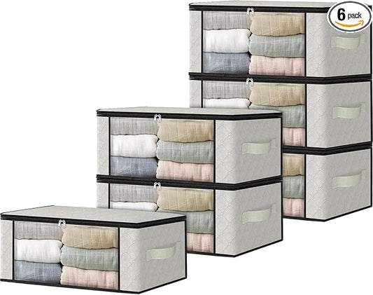 HomeHacks Storage 6-Pack Clothes Organizer Storage Bags Foldable Storage Box with Large Clear Window Sturdy Handles for Closet, Dorm, Pillows, Bedding, Clothes, Blankets, 35L, Ivory