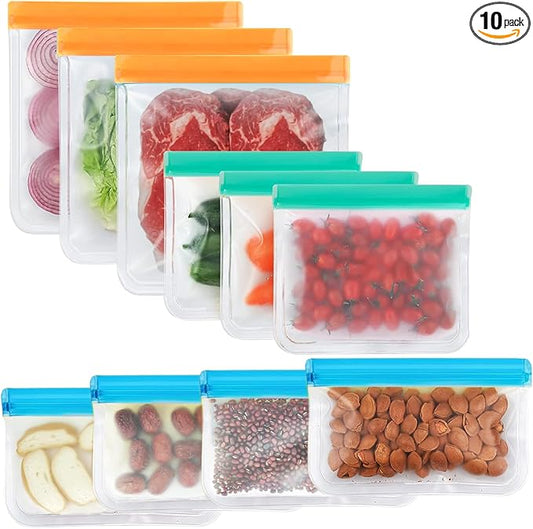 10 Pack Dishwasher Safe Silicone Food Storage Bags, Leakproof Silicone Freezer Bags, BPA Free Reusable Storage Bags for Lunch Marinate Food Travel - 3 Gallon 3 Sandwich 4 Snack Bags