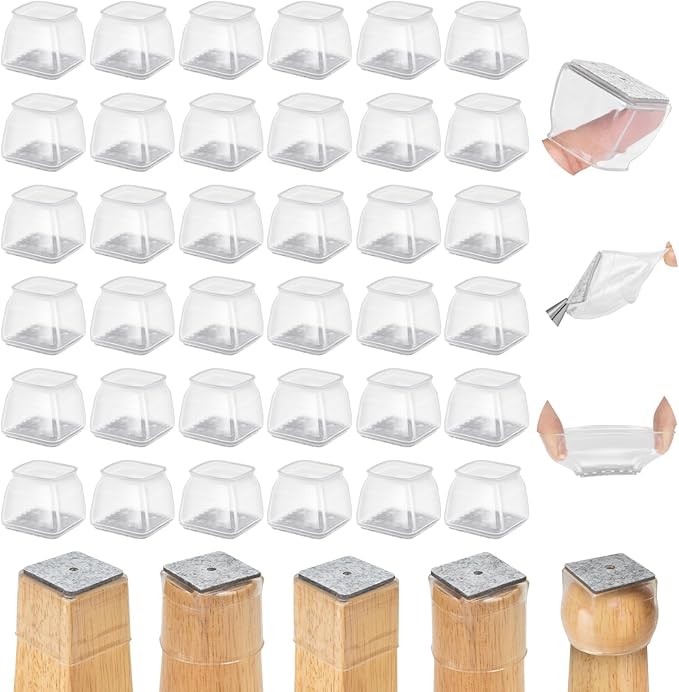 36Pcs Square Clear Chair Leg Floor Protectors, Silicone Chair Feet Caps to Protect Tile Floors, Felt Pads Furniture Leg Caps Covers from Scratches and Noise (Clear, Large Fit:1.03"-1.6")