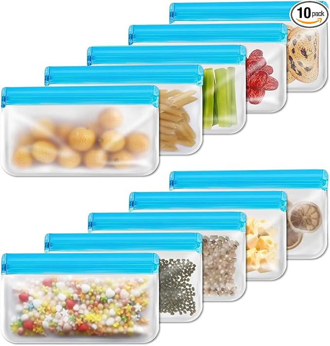 10 Pack Reusable Snack Bags – Extra-Thick, Leakproof, BPA-Free Food Storage Bags – Dishwasher Reusable Freezer Bags, Ideal for Sandwiches, Snacks, Cereal, Travel & Home Organization (Blue)