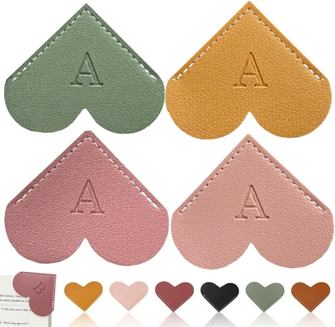 4Pcs Personalized Leather Heart Bookmark26 Letters Customized Corner Book Mark for Reading, Book Holder Markers with Initials Page Accessories Cute Gifts (Light Pink+Deep Pink+Green+Light Brown, A)