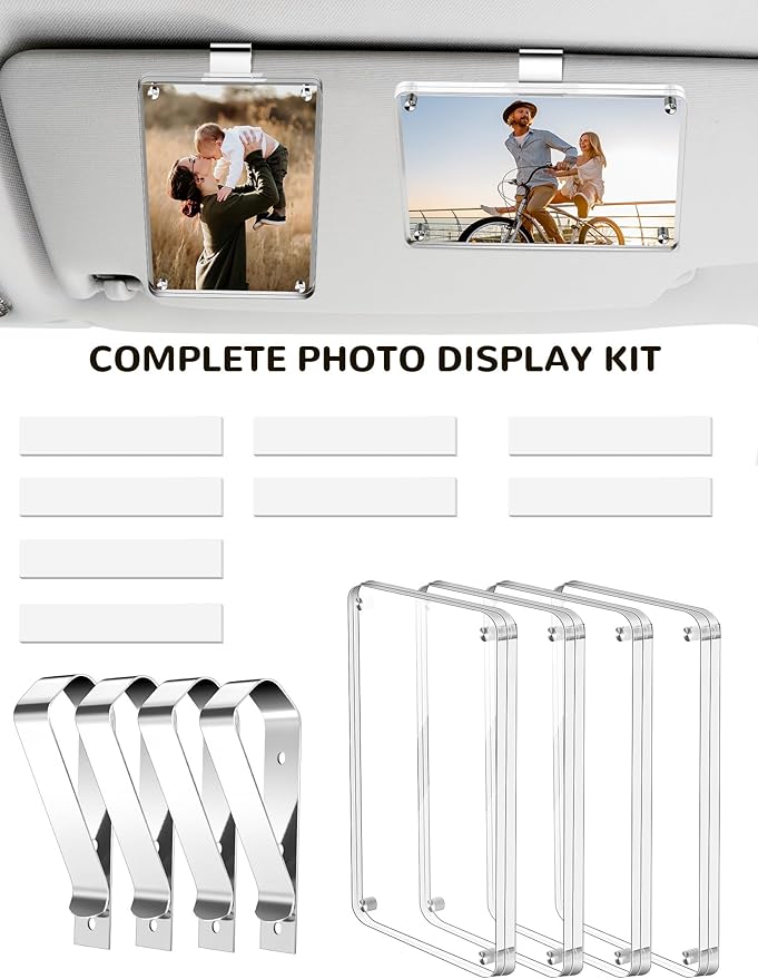 4 Pack Car Picture Holder, Clear Acrylic Magnetic Car Photo Holder, Horizontal & Vertical Photo Car Visor Photo Clip, Personalized Car Picture Frame, Suitable for Adding Family, Personal or Pets Photos