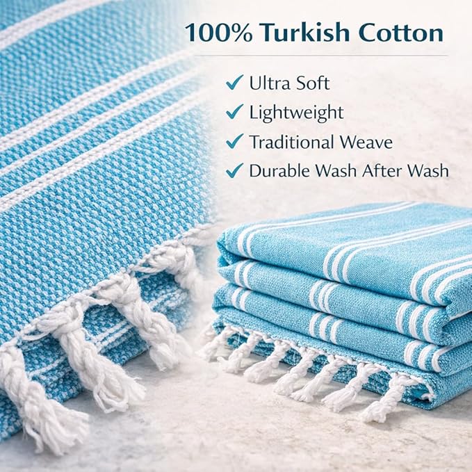 Clotho Turkish Beach Towel Set of 4 – 100% Turkish Cotton, Oversized & Quick Dry – Sand Free Lightweight Travel & Pool Towels with Chair Bands – Giftable Clear Carry Case – Made in Türkiye