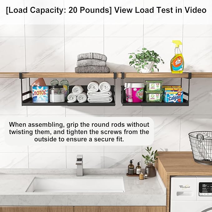 SHINEWON Expandable Under Cabinet Shelf Organizer with 0.94-Inch Thick Clips, Heavy Duty Extendable Under Shelf Storage Basket for Pantry or Laundry Room, Black, 2 Pack, Interior: 5.7" H x 8.54" D