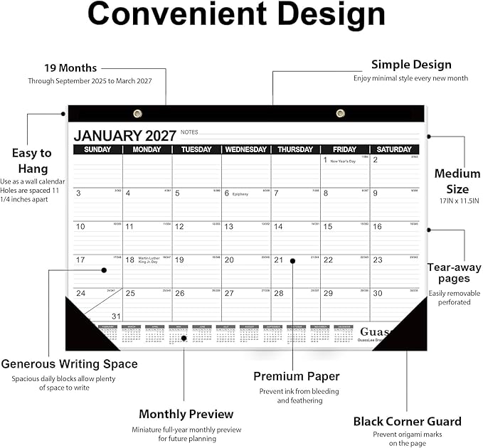 GuassLee Desk Calendar 2026, 19-Month Academic Calendar, Sep. 2025 to Mar. 2027, 17x11.5 Inch School Year Paper Calendar Desk Planner with Julian Date and Ruled Blocks for Office Home