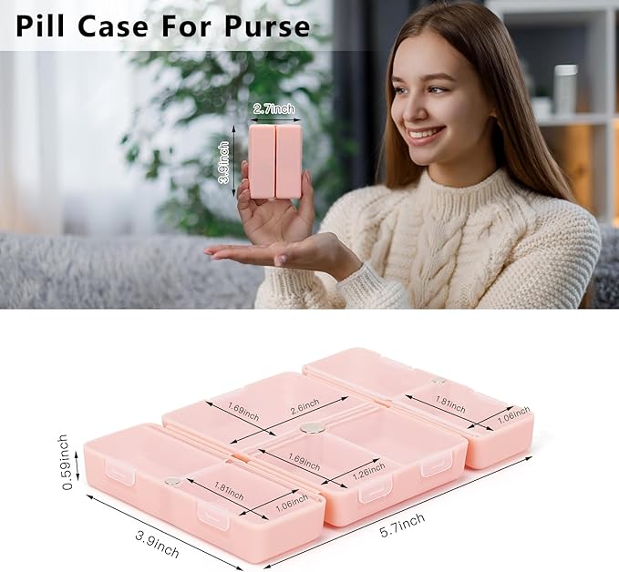 FYY Daily Pill Organizer, 7 Compartments Portable Pill Case Travel Pill Organizer,[Folding Design] Pill Box for Purse Pocket to Hold Vitamins,Cod Liver Oil,Supplements and Medication-Pink