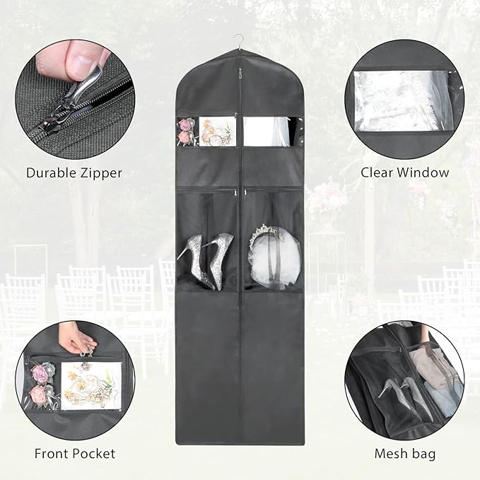 Zilink 72" Wedding Dress Garment Bag Dress Bags for Gowns Bridal Garment Bag for Dresses Long with 12”Gusseted and Accessory Pockets for Wedding Dress, Puffy Gowns [Upgraded Version], Grey