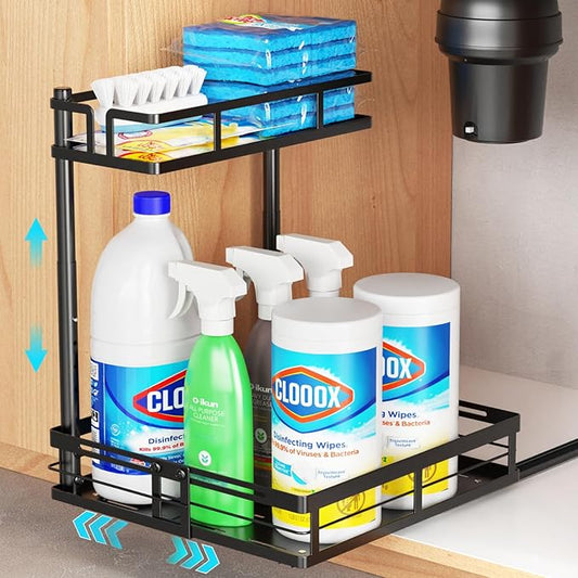 iSPECLE Under Kitchen Sink Organizer - 1 Pack Height Adjustable Pull Out Cabinet Organizer Fit Around Plumbing & Disposal, Heavy-Duty Undersink Storage Sliding Get Item for 30" - 36" Wide Sink Cabinet