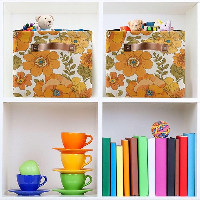 Aslsiy Storage Basket Vintage 70s Style Flowers Nursery Bins Baby Box Canvas Clothes Shelf Basket Laundry Hamper Gift Baskets for Home Closet 1 Pcs