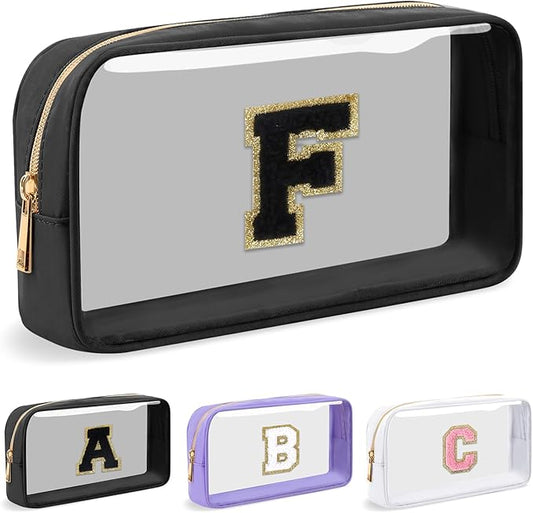 Personalized Initial Letter Clear Makeup Bag, Preppy Small Nylon & PVC Cosmetic Zipper Bag with Chenille Letter, Travel Skincare Toiletry Bag, Monogram Christmas Gift for Teen Girls Women, F