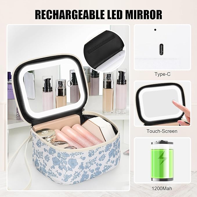 Relavel Mini Makeup Bag with Led Mirror, Small Floral Cosmetic Bag with 3 Light Modes, Rechargeable Portable Makeup Pouch with Hands-Free Wrist Strap for Pool Parties丨Work Touch-Ups丨Travel