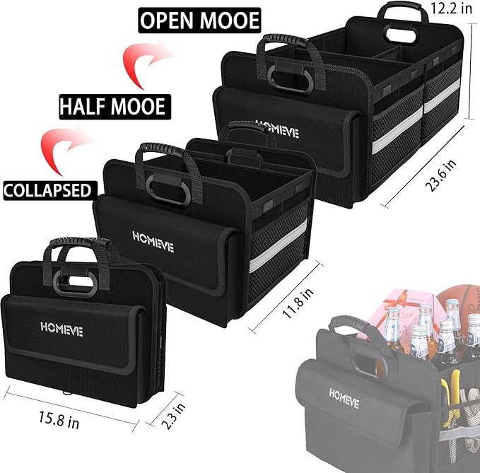 Homeve Trunk Organizer for Car, Collapsible Storage Box, Car Storage Organizer, 3 Compartment, Multi Pockets, Non Slip Strips, Adjustable Securing Straps, Black