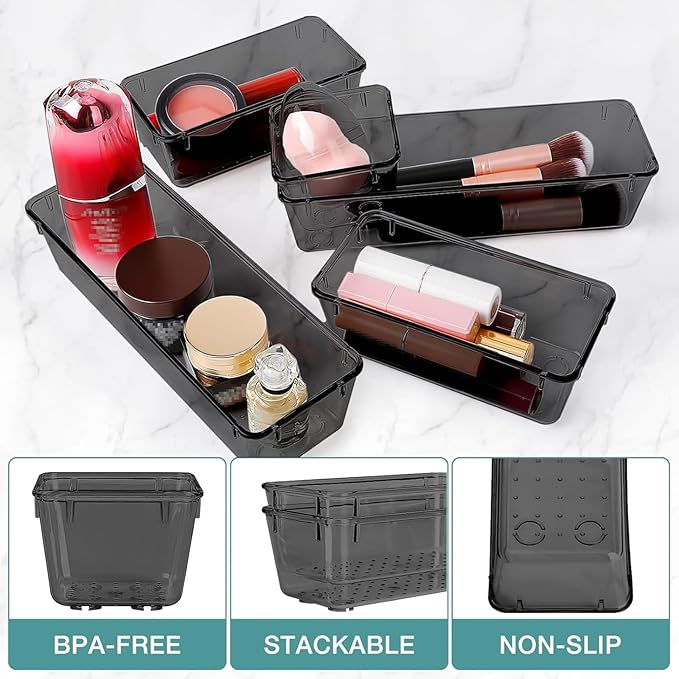 13 PCS Drawer Organizer Set, 5 Varied Size Bathroom and kitchen Drawer cabinet organizer Trays, Clear Storage Bins for Makeup, Jewelry, Utensils and Gadgets, Black