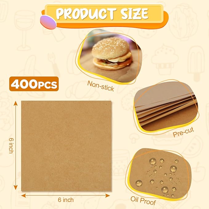 Ninsula 400PCS Patty Paper, 6x6 In Unbleached Parchment Paper Squares, Non-Stick Hamburger Patty Paper for Seperating Burgers, Butter, Cookies, Freezing, Baking and Candy Wrapper