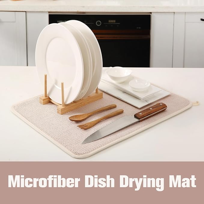 VESHE 2 Pack Microfiber Dish Drying Mat for Kitchen Counter,Ultra Absorbent Dish Drainer Mat ,Dish Drying Pad ,Dish Rack Mat 20×15 Inch (Beige)