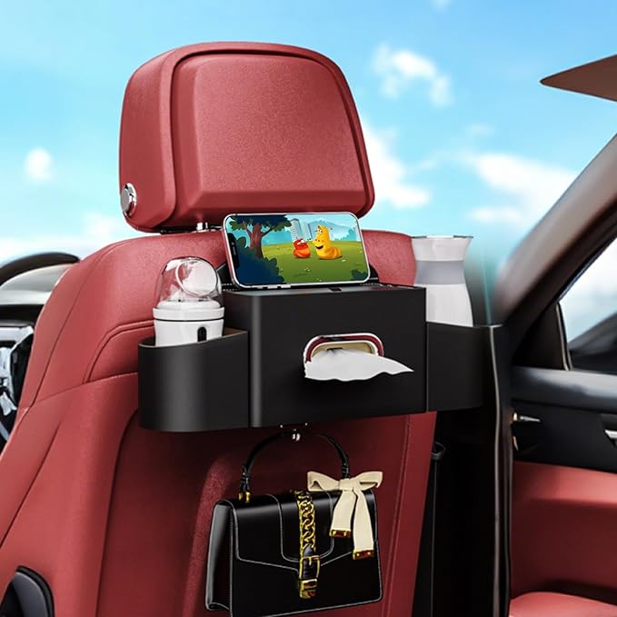 Car Back Seat Organizer with one towel， Multifunctional Car Back Seat Storage Box with 2 Drink Cup Holder Tissue Box for Hold Phone Drinks Handbag Compatible with Most Vehicles (Black)