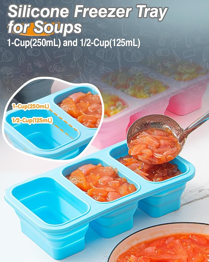 Silicone Freezer Trays With Lid And Clip, Stackable 1 Cup Soup Freezer Molds, 2 Pack Large Ice Cube Trays, Collapsible Freezing Molds for Meal Prep, Leftovers, Sauce, Broth, Kitchen Gifts Set