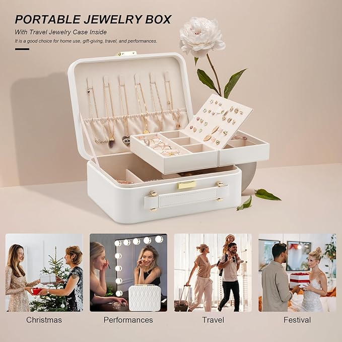 White Jewelry Box - Large Travel Jewelry Case Organizer, 2-Layer Holder, Women's Watch Case