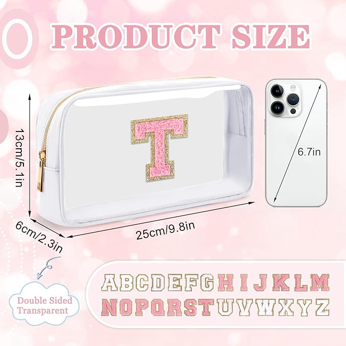 Small Clear Personalized Initial Makeup Bag, Preppy Nylon A-Z Chenille Letter Patch Makeup Organizer TSA Approved Travel Toiletry Bag,Waterproof Zip Beach Cosmetic Pouch Purse for Women(White-Pink T)