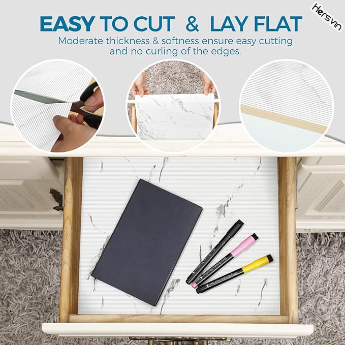Hersvin Shelf Liners 24 in x 20 ft EVA Drawer Mats, Non-Adhesive Cupboard Protector, Kitchen Cabinet Lining Fridge Liner (White Marble Stripe, 61x610cm)