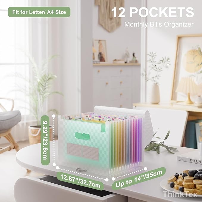 ThinkTex Accordion File Organizer, 12 - Pocket Expanding File Folders for Paper Receipts, Bills & Taxes Organizer, Letter/A4 Size Document Holder for School, Office, Home with Colorful tabs- Green