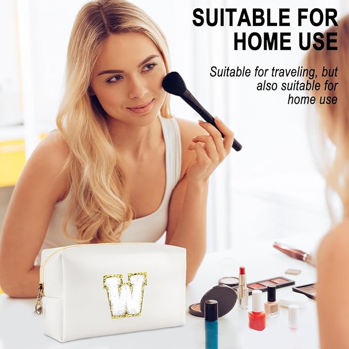 Gifts for Girls Initial Makeup Bag Personalized Cosmetic Bag with Zipper Cute Travel Toiletry Bags Waterproof PU Preppy Makeup Pouch Birthday Gift for Teen Girls Women(White W)