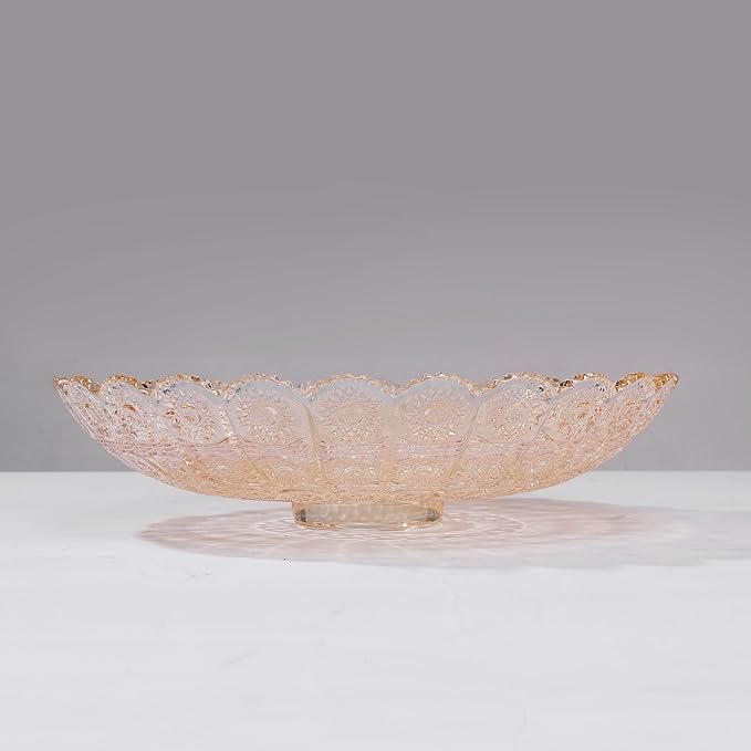 Unique Gold Flower-Shaped Crystal Glass Decorative Footed Bowl - 10.6 inch Diameter, Tabletop Fruit Plate, Dessert Plate, Cake Plate, Candy Tray, Wedding Home Decor.