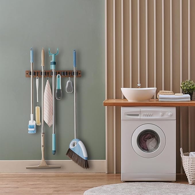 Mop and Broom Holder Wall Mount - Wooden Broom Mop Hanger - Wall Mounted Garden Tool Rack Organizer for Closet Garage Laundry Room for Rustic Kitchen Decor With 5 Slots & 4 Hooks