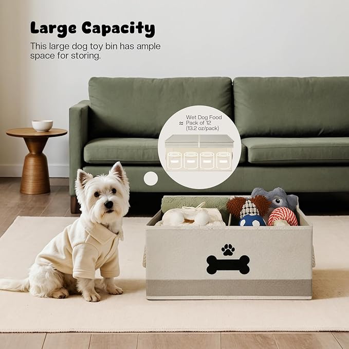 Dog Toy Basket with Double-Open Lid, Divided Dogs Basket for Toys, Collapsible Pet Toys Box, Dog Storage Organizer with 2 Divided Area, Puppy Toy Baskets with Rope Handles, Beige & Gray