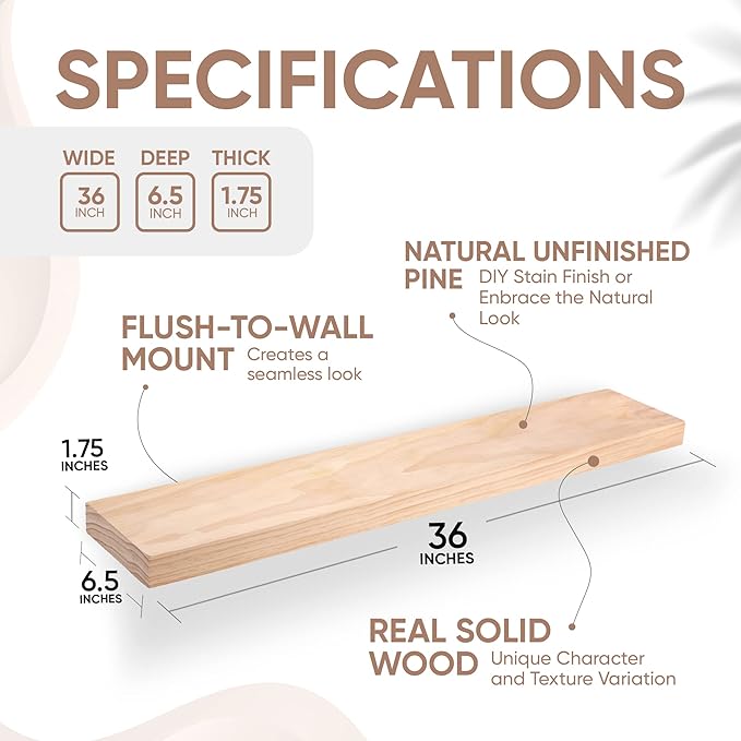 Homeforia 36 inch Wood Floating Shelves, High-End Solid Natural Wood 36-inch Large Floating Shelf Bathroom, Unfinished Wooden Floating Shelves for Wall, Heavy Duty Bracket, 36 X 6.5 X 1.75 in, Set of 3