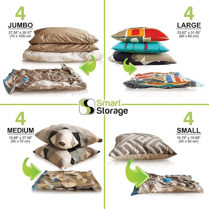 16 Pack Vacuum Storage Bags, Space Saver Bags (4 Jumbo/4 Large/4 Medium/4 Small) Vacuum Sealer Bags for Clothes Storage with Travel Hand Pump