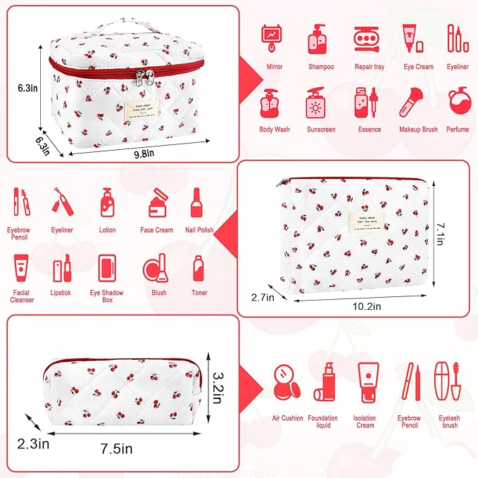 3Pc Cotton Quilted Makeup Bag for Women Extra Large Coquette Small Floral Travel Cosmetic Bag Set Cute Cherry Makeup Pouch Portable Toiletry Bag Organizer Vintage Puffy Essential Storage Bag