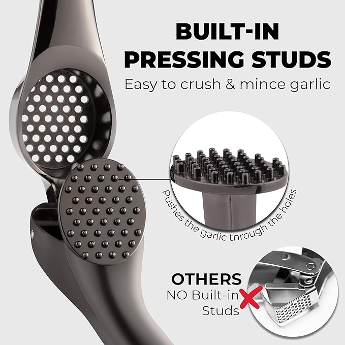Zulay Kitchen Large Premium Garlic Press Set – Rust Proof & Dishwasher Safe, Bigger Bowl Garlic Mincer Tool with Silicone Garlic Peeler & Brush, Easy Squeeze & Clean, Ergonomic Handle - Dark Gray