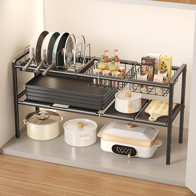 Pots and Pans Organizer Under Cabinet, Expandable 2-Tier Under Sink Organizers Storage Adjustable Height Kitchen Pot and Pan Lid Holder Rack with 6 Dividers (4 Panels, 2 Baskets, 1 Pot Rack, Black)
