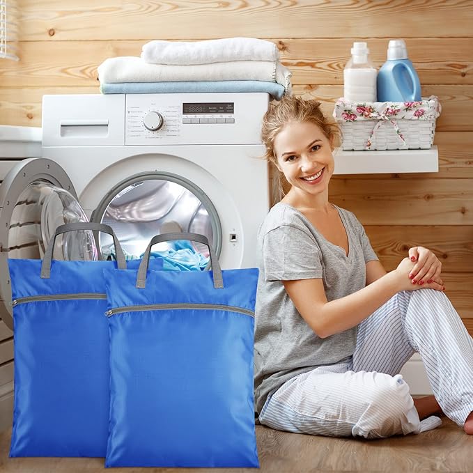 2 Pcs Travel Laundry Bags Waterproof with Handle Dirty Clothes Bag for Traveling Hanging Laundry Hamper with Two Zippered Pockets Washable Reusable for Sports Home Travel College Dorm (Blue)