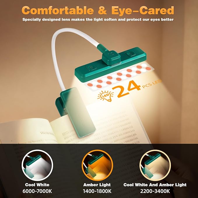 VAVOFO Rechargeable Book Light Rotatable：24 LEDs Reading Light, 3-Color & 9-Brightness Book Lamp, Eye Cared 120Hrs Runtime Lightweight Clip on Led Light for Book Lovers (Green)