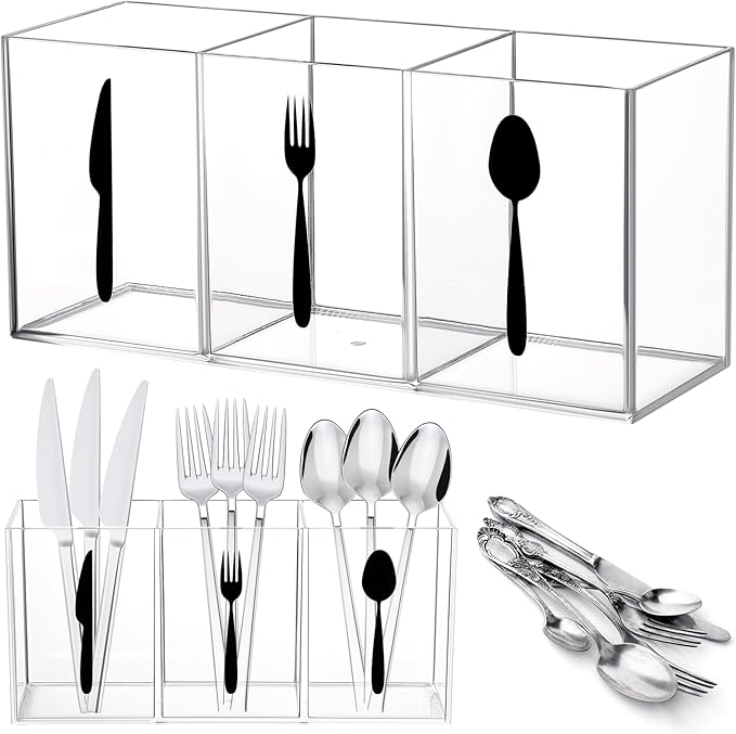 Suzile Acrylic Cutlery Storage Organizer Bin Silverware Caddy Countertop Knife Spoon and Fork Holder Kitchen 3 Section Tableware Storage Box for Cabinet Indoor Home Flatware Dining Room (Clear,L)