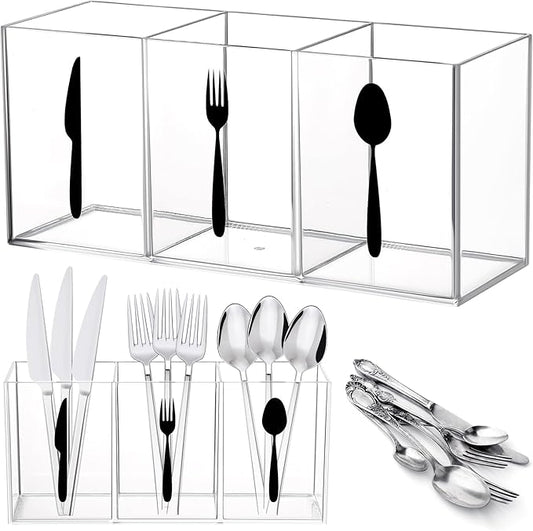 Suzile Acrylic Cutlery Storage Organizer Bin Silverware Caddy Countertop Knife Spoon and Fork Holder Kitchen 3 Section Tableware Storage Box for Cabinet Indoor Home Flatware Dining Room (Clear,L)