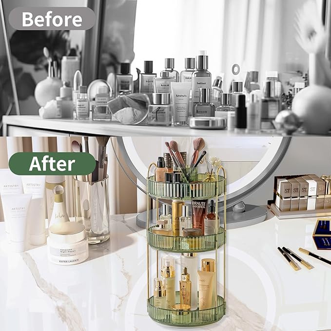 360 Rotating Makeup Organizer, 3-Tier Large Capacity Makeup Organizers and Storage, Skincare Perfume Vanity Organizers, Bathroom Cosmetics Storage Organizer Countertop (Green)