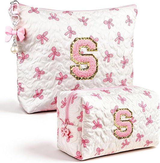 Initial Makeup Bag, Christmas Gifts for Women Teens Girls Birthday Gift Personalized Bow Cosmetic Bag, Quilted Cosmetic Travel Toiletry Pouch, Cute Makeup Organizer Teen Girl Gifts Trendy Stuff, S