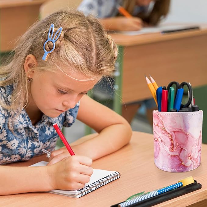 WAVEYU Pen Holder for Women Girls, Pencil Cup Pink Desk Decor, Makeup Brush Holder Large Pu Leather Multi-Functional Organizer Cup for Office, Classroom, Home, Red Marble