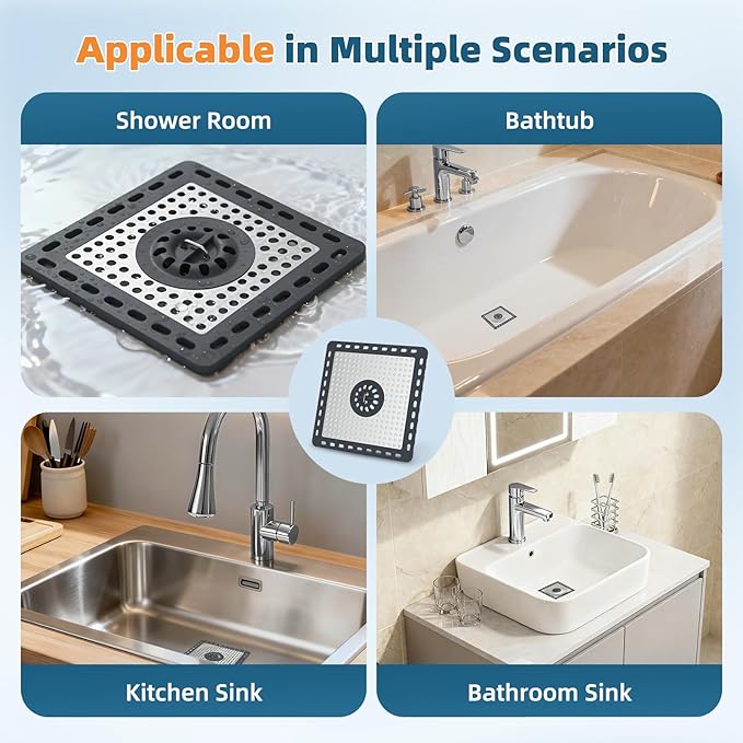 Hibbent Upgraded Shower Drain Hair Catcher, Shower Drain Cover for Bathroom Floor 6" Drain, Anti-Clogging Bathtub Drain Strainer, Stainless Steel Kitchen Sink Drain Strainer with Handle, Dark Grey